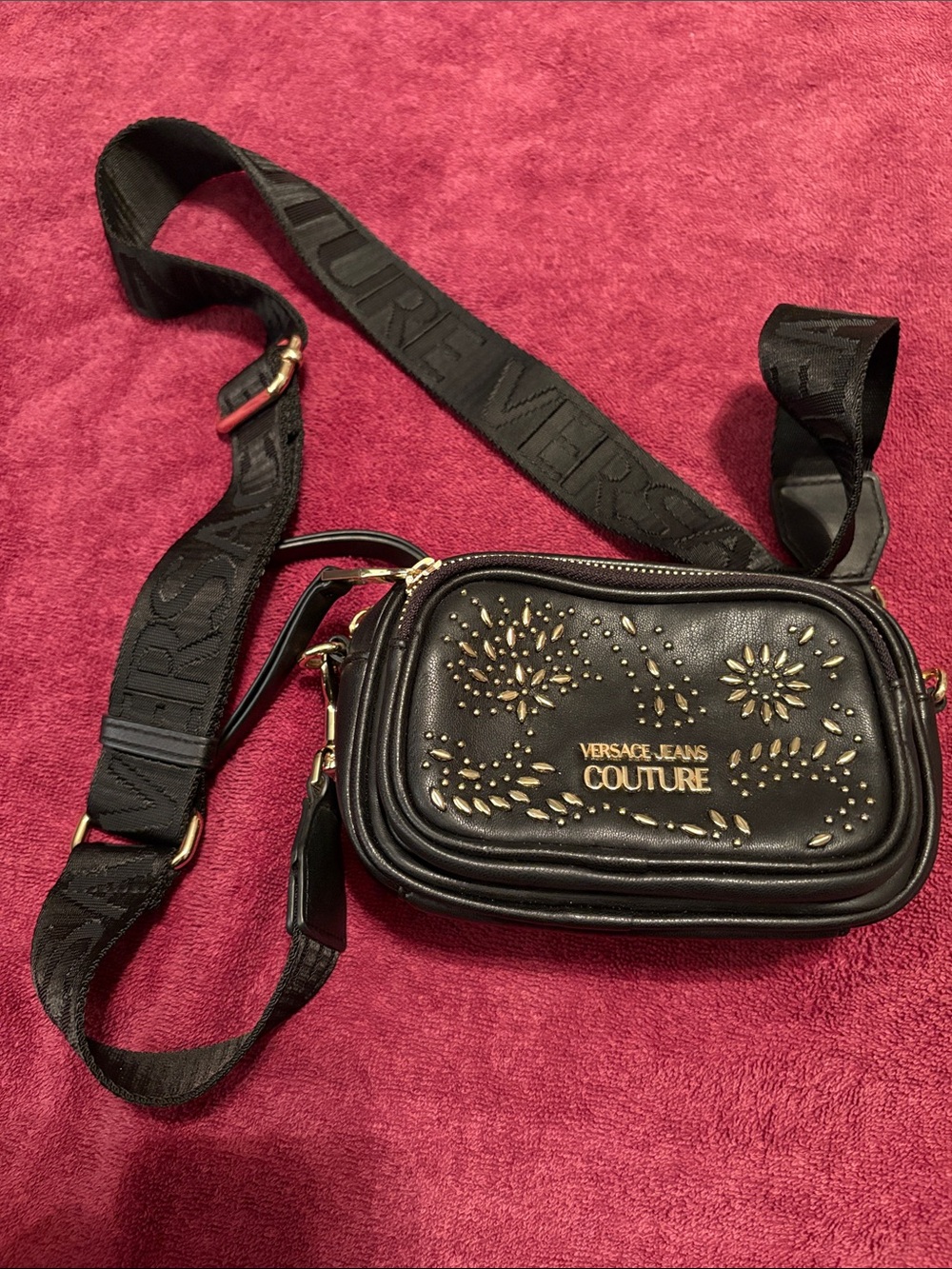 Versace Jeans Couture Black Crossbody with Gold Floral Studs
